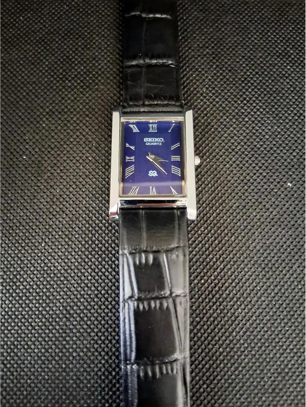 Men's Vintage Blue and Silver Tank Leather Watch RARE